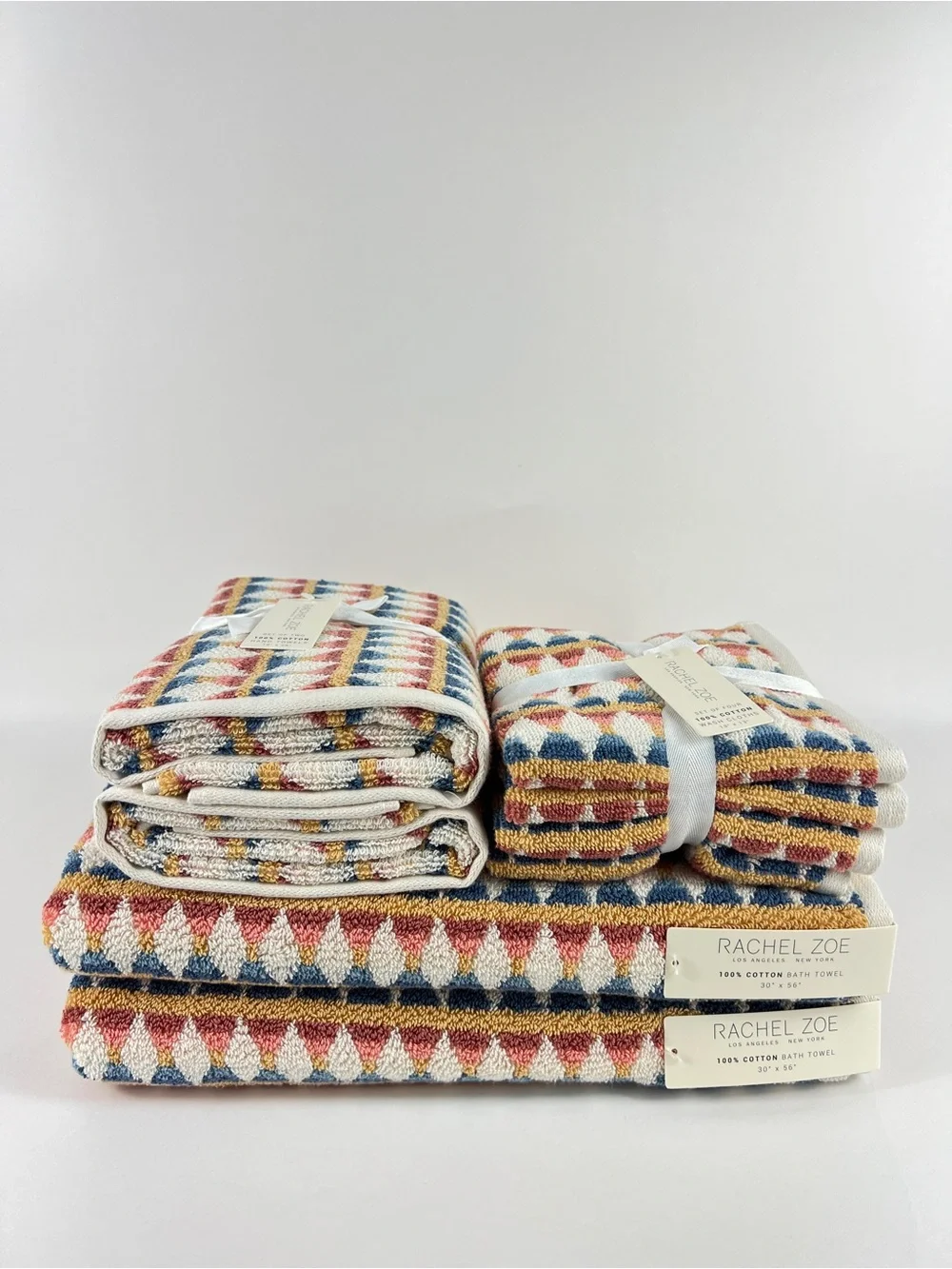 Rachel Zoe Geometric Bath Towel Set Blue Rust Cream 100% Cotton 8 Pc NEW